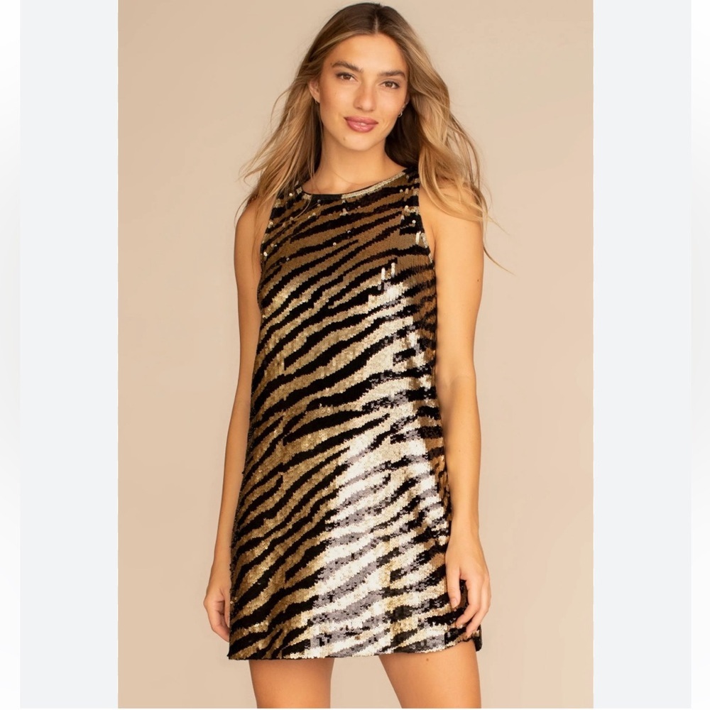 NWT Trina Turk Size 4 Quartz Zebra Black Gold Metallic Sequin Shift Party Dress